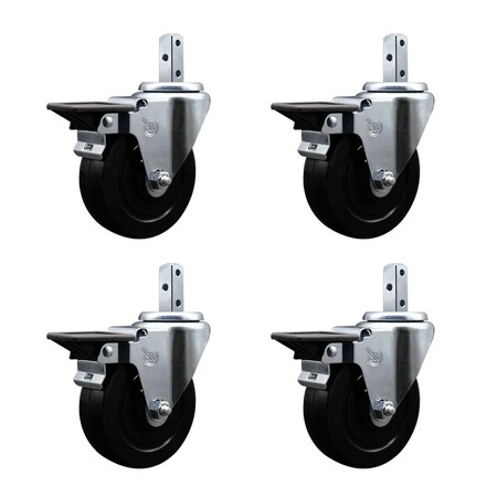 Service Caster 4'' Soft Rubber Wheel Swivel 7/8'' Square Stem Caster Set with Brake, 4PK SCC-SQ20S414-SRS-PLB-78-4